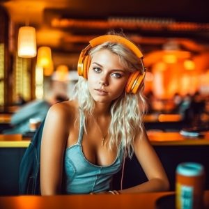 jeune fille blonde écoutant de la musique dans un bar