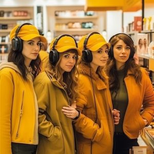 groupe de jeunes filles écoutant de la musique dans un magasin