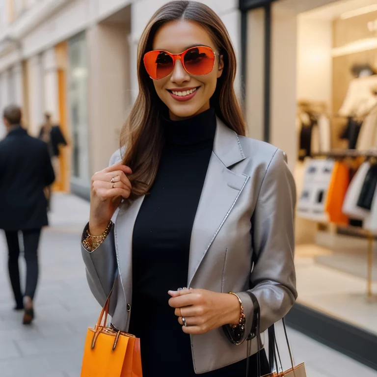 jeune femme souriante qui fait du shopping dans une rue commerçante